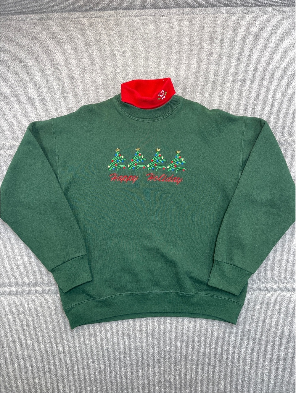 Vintage Christmas Sweatshirt Womens Large Green Turtleneck Tree Embroidered
